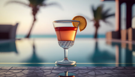 Cocktail on the edge of the pool overlooking the sea, holiday concept created with generative AI technology. High quality illustrationの写真素材