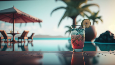 Cocktail on the edge of the pool overlooking the sea, holiday concept created with generative AI technology. High quality illustrationの写真素材