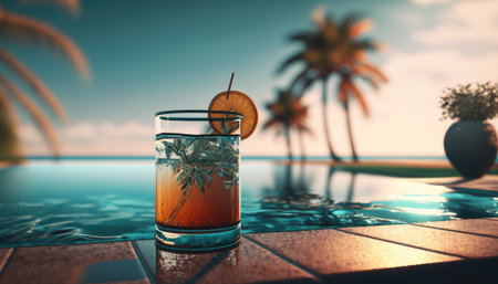 Cocktail on the edge of the pool overlooking the sea, holiday concept created with generative AI technology. High quality illustrationの写真素材