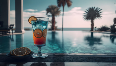 Cocktail on the edge of the pool overlooking the sea, holiday concept created with generative AI technology. High quality illustrationの写真素材