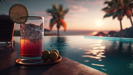Cocktail on the edge of the pool overlooking the sea, holiday concept created with generative AI technology. High quality illustrationの写真素材