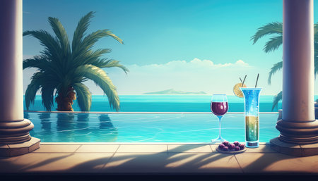 Cocktail on the edge of the pool overlooking the sea, holiday concept created with generative AI technology. High quality illustrationの写真素材