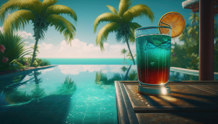 Cocktail on the edge of the pool overlooking the sea, holiday concept created with generative AI technology. High quality illustrationの写真素材