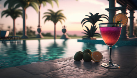 Cocktail on the edge of the pool overlooking the sea, holiday concept created with generative AI technology. High quality illustrationの写真素材