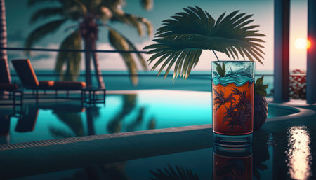 Cocktail on the edge of the pool overlooking the sea, holiday concept created with generative AI technology. High quality illustrationの写真素材