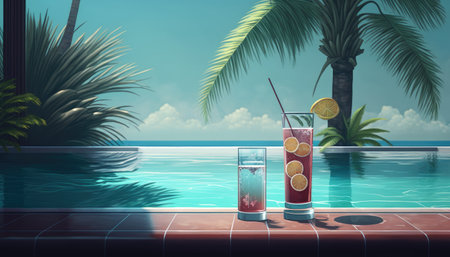 Cocktail on the edge of the pool overlooking the sea, holiday concept created with generative AI technology. High quality illustrationの写真素材