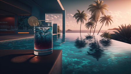 Cocktail on the edge of the pool overlooking the sea, holiday concept created with generative AI technology. High quality illustrationの写真素材