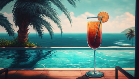 Cocktail on the edge of the pool overlooking the sea, holiday concept created with generative AI technology. High quality illustrationの写真素材