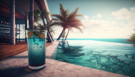 Cocktail on the edge of the pool overlooking the sea, holiday concept created with generative AI technology. High quality illustrationの写真素材