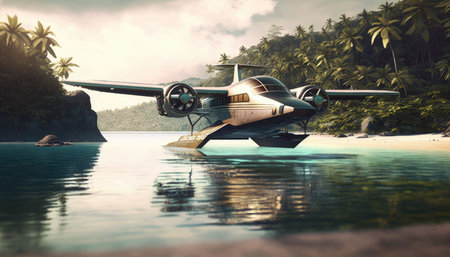 Hydroplane sits on water on Caribbean island created with generative AI technology. High quality illustrationの写真素材