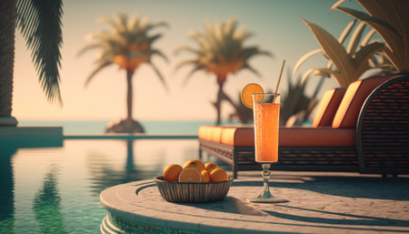 Cocktail on the edge of the pool overlooking the sea, holiday concept created with generative AI technology. High quality illustrationの写真素材