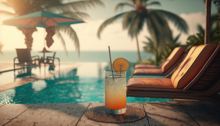 Cocktail on the edge of the pool overlooking the sea, holiday concept created with generative AI technology. High quality illustrationの写真素材
