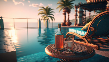 Cocktail on the edge of the pool overlooking the sea, holiday concept created with generative AI technology. High quality illustrationの写真素材