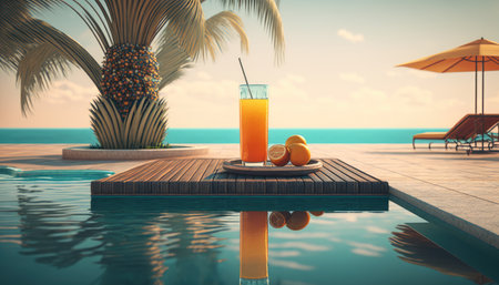 Cocktail on the edge of the pool overlooking the sea, holiday concept created with generative AI technology. High quality illustrationの写真素材