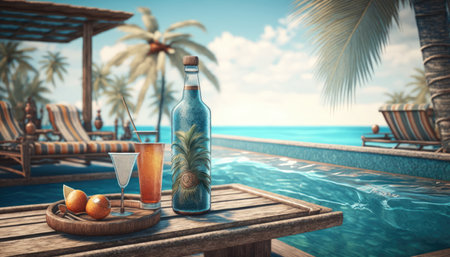 Cocktail on the edge of the pool overlooking the sea, holiday concept created with generative AI technology. High quality illustrationの写真素材