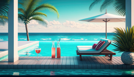 Cocktail on the edge of the pool overlooking the sea, holiday concept created with generative AI technology. High quality illustrationの写真素材