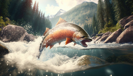 Salmon jumps on mountain river created with generative AI technology. High quality illustrationの写真素材