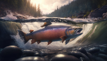 Salmon jumps on mountain river created with generative AI technology. High quality illustrationの写真素材
