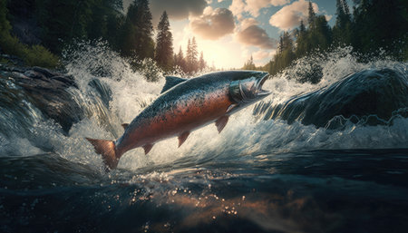 Salmon jumps on mountain river created with generative AI technology. High quality illustrationの写真素材
