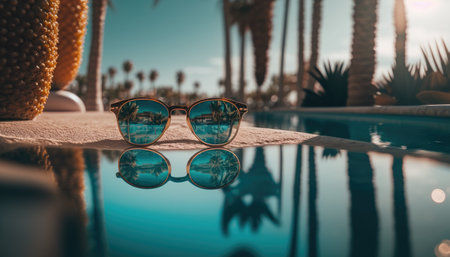 Sunglasses lying on the edge of the pool against the background of the sea and palm trees with a reflection in them, holiday concept created with generative AI technology. High quality illustrationの写真素材