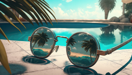 Sunglasses lying on the edge of the pool against the background of the sea and palm trees with a reflection in them, holiday concept created with generative AI technology. High quality illustrationの写真素材