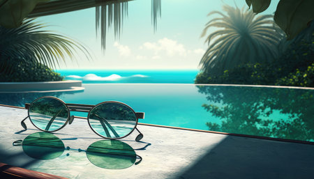 Sunglasses lying on the edge of the pool against the background of the sea and palm trees with a reflection in them, holiday concept created with generative AI technology. High quality illustrationの写真素材