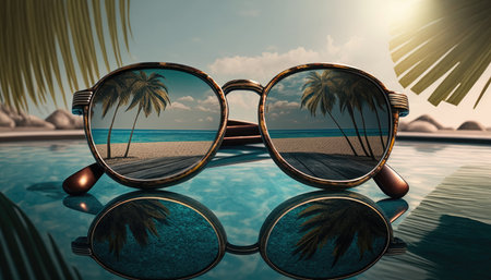 Sunglasses lying on the edge of the pool against the background of the sea and palm trees with a reflection in them, holiday concept created with generative AI technology. High quality illustrationの写真素材