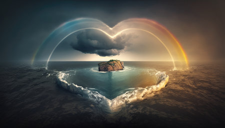Heart shaped rainbow over the sea created with generative AI technology. High quality illustrationの写真素材
