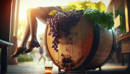 Woman rests in a barrel of grapes after wine tasting created with generative AI technology. High quality illustrationの写真素材