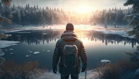 Rear view of man looking on a frozen lake surrounded by forest in snow created with generative AI technology. High quality illustrationの写真素材