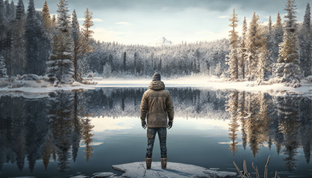 Rear view of man looking on a frozen lake surrounded by forest in snow created with generative AI technology. High quality illustrationの写真素材