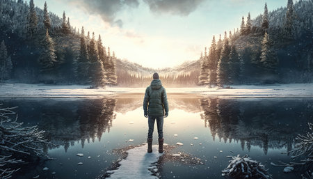 Rear view of man looking on a frozen lake surrounded by forest in snow created with generative AI technology. High quality illustrationの写真素材