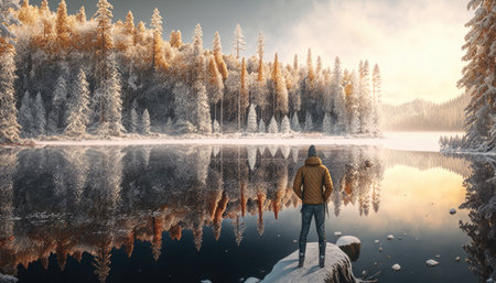Rear view of man looking on a frozen lake surrounded by forest in snow created with generative AI technology. High quality illustrationの写真素材
