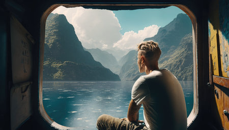Rear view of man looking at mountain view while sitting on boat created with generative AI technology. High quality illustrationの写真素材