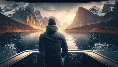 Rear view of man looking at mountain view while sitting on boat created with generative AI technology. High quality illustrationの写真素材