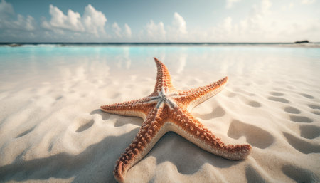 Starfish on the sand of a Caribbean beach overlooking the ocean created with generative AI technology. High quality illustrationの写真素材