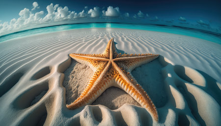 Starfish on the sand of a Caribbean beach overlooking the ocean created with generative AI technology. High quality illustrationの写真素材