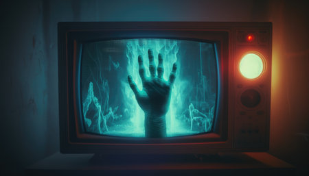 Horror movie in an old TV set created with generative AI technology. High quality illustrationの写真素材