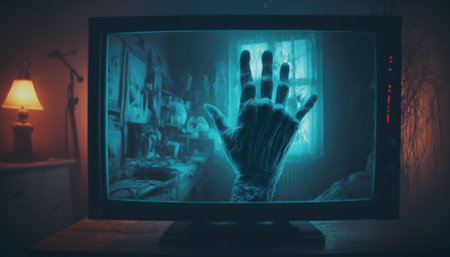 Horror movie in an old TV set created with generative AI technology. High quality illustrationの写真素材