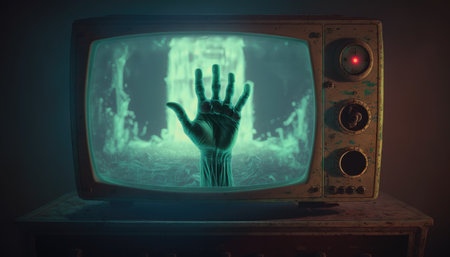 Horror movie in an old TV set created with generative AI technology. High quality illustrationの写真素材