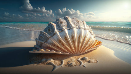 Large shell lying on sand on Caribbean beach created with generative AI technology. High quality illustrationの写真素材