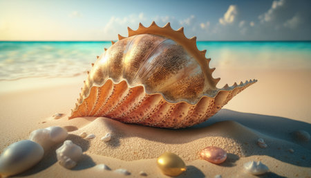 Large shell lying on sand on Caribbean beach created with generative AI technology. High quality illustrationの写真素材