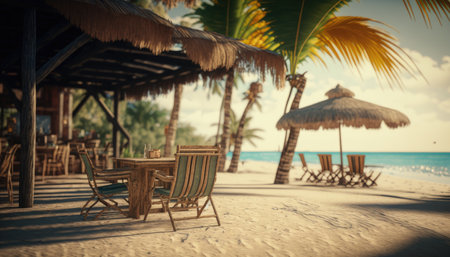 Caribbean Palm Beach With Wooden Chairs And Straw Umbrella created with generative AI technology. High quality illustrationの素材