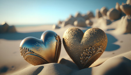 Two hearts on tropical beach sand created with generative AI technology. High quality illustrationの素材