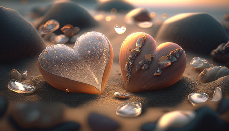 Two hearts on tropical beach sand created with generative AI technology. High quality illustrationの素材