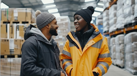 Two colleagues who working in the warehouse. High quality illustrationの素材