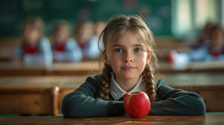 Portrait of schoolgirl holding apple during snack time, break. High quality illustrationの素材