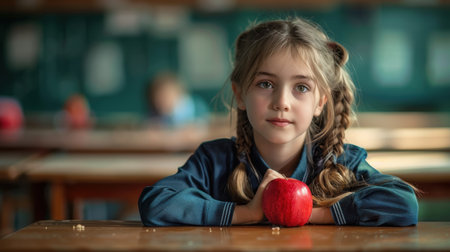 Portrait of schoolgirl holding apple during snack time, break. High quality illustrationの素材