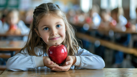 Portrait of schoolgirl holding apple during snack time, break. High quality illustrationの素材