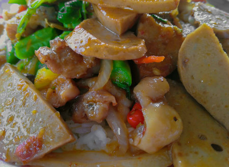 Santed pork with chilli & Basilの写真素材